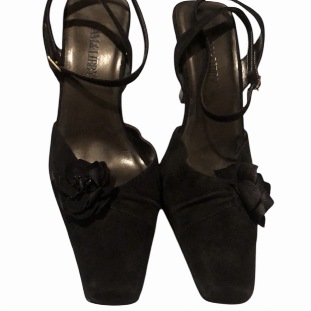 Sam & Libby size 10 Black suede heels ankle wrap suede square toe & heel